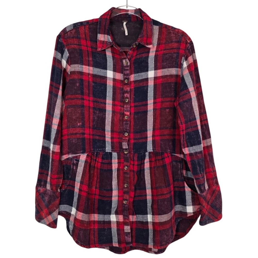 Free People Women XS Peplum Tunic Red Navy Plaid Button Down Shirt